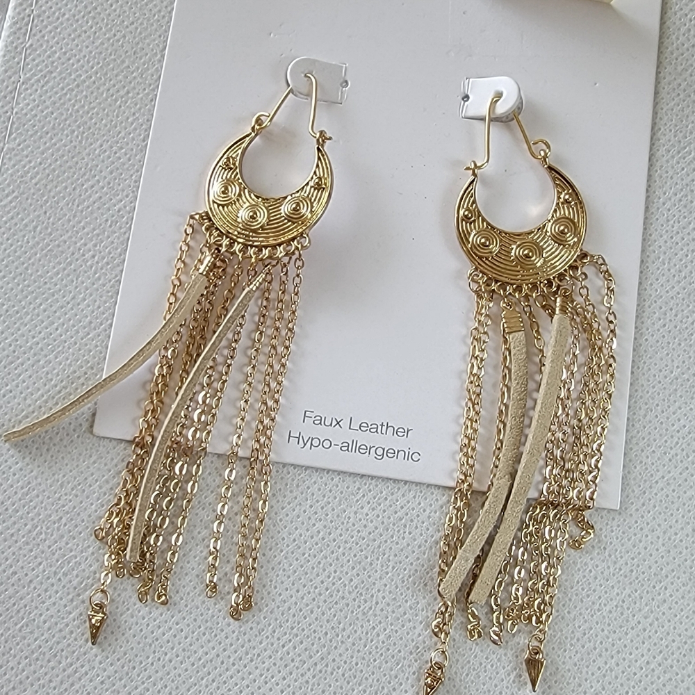 Boho Faux Leather Chain Tassel Drop Earrings - Picture 3 of 9